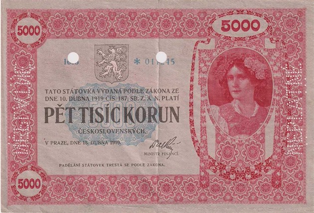 Nejdražší bankovka. Pět tisíc korun z roku 1919 se vydražilo za 25,6 milionů