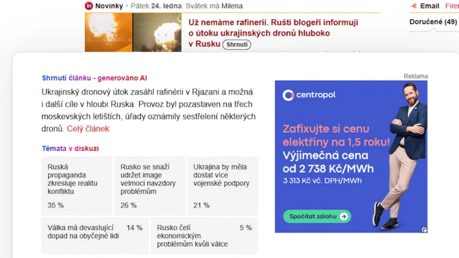 Seznam.cz začal na hlavní stránce zobrazovat souhrny článků vytvořené AI