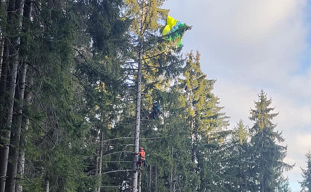 Paraglidistce se v koruně stromu zamotal padák. Dolů jí pomohli lezci